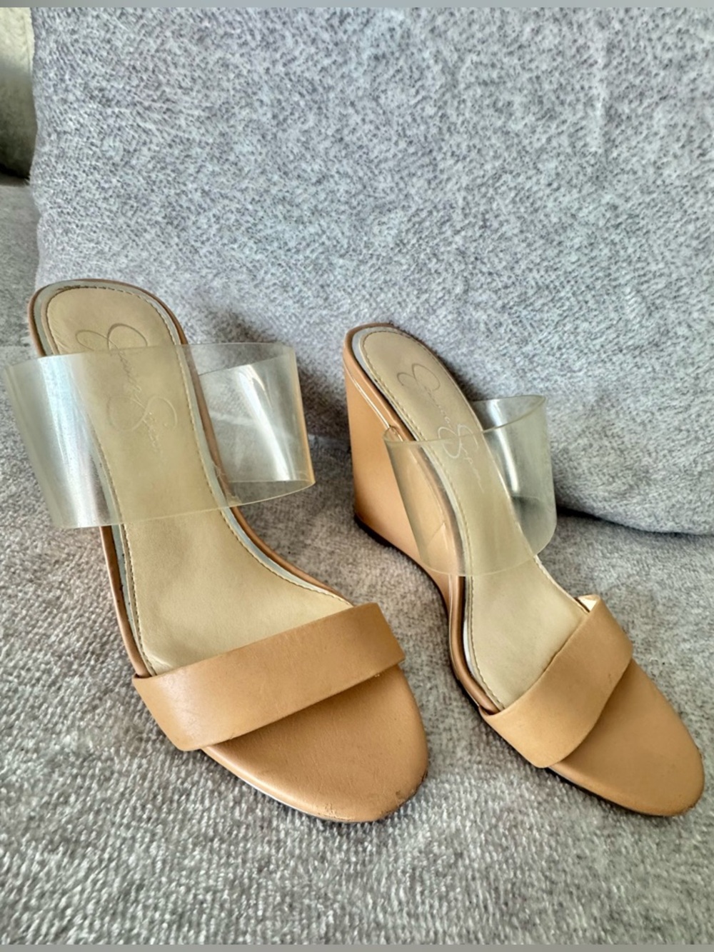 Jessica Simpson Nude Tan Wedge Sandals with Clear Straps